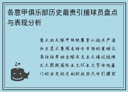 各意甲俱乐部历史最贵引援球员盘点与表现分析